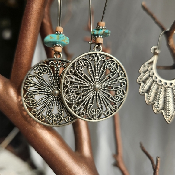 Silver and Turquoise Bohemian Earrings Set Of 3 - Picture 5 of 7